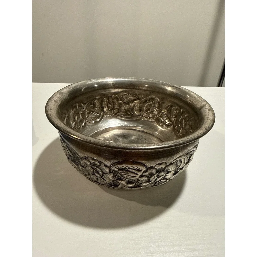 Vintage Silver Tone Embossed Floral Metal Bowl Made in India Decorative 6 Inch